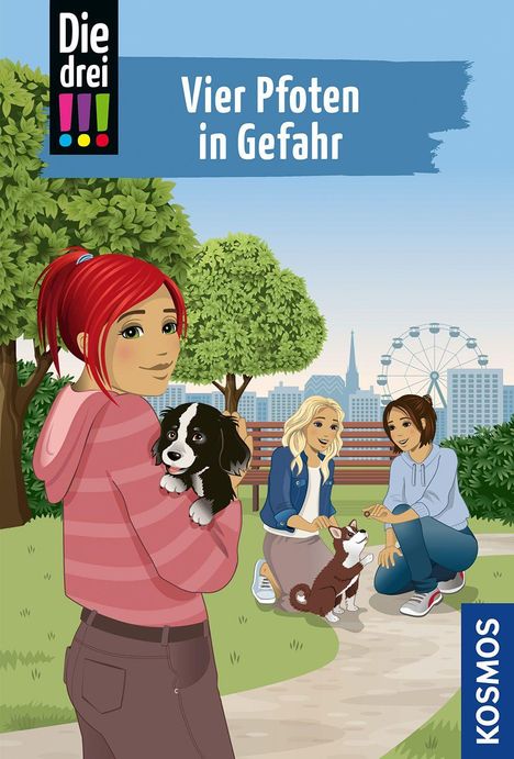 Text: Vier Pfoten in Gefahr. Illustration von drei Mädchen mit Hunden in einem Park, im Hintergrund ein Riesenrad.