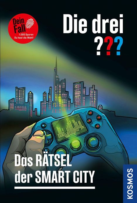 Texte: "Die drei ???", "Dein Fall", "Das RÄTSEL der SMART CITY". Illustration: Skyline und Spielcontroller.
