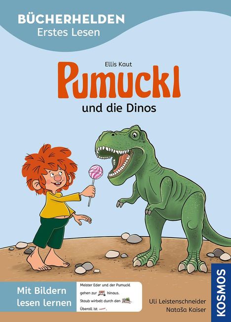 „BÜCHERHELDEN Erstes Lesen, Pumuckl und die Dinos“ steht oben. Darunter Pumuckl mit einem Lutscher vor einem Dinosaurier.