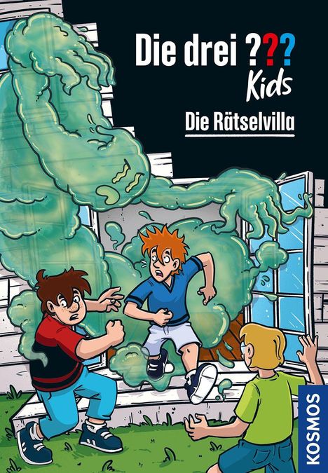 "Die drei ??? Kids: Die Rätsolvilla." Illustration: Kinder flüchten erschrocken vor grünem, geisterhaftem Wesen.