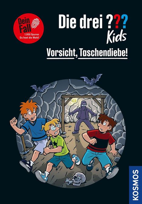„Dein Fall: 1.000 Spuren. Du hast die Wahl! Die drei ??? Kids Vorsicht, Taschendiebe!“ Drei Jungen rennen aus einer Höhle.