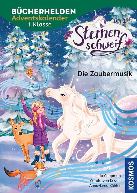 „Bücherhelden Adventskalender 1. Klasse“ und „Sternenschweif – Die Zaubermusik“. Illustration: Einhorn im Winterwald.