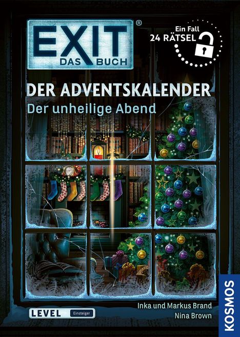 Text: "EXIT Das Buch", "DER ADVENTSKALENDER", "Der unheilige Abend", "Ein Fall 24 Rätsel", "LEVEL Einsteiger". Illustration: Weihnachtliche Szene mit Kamin, Weihnachtsbaum und Geschenken durch gefrorenes Fenster betrachtet.
