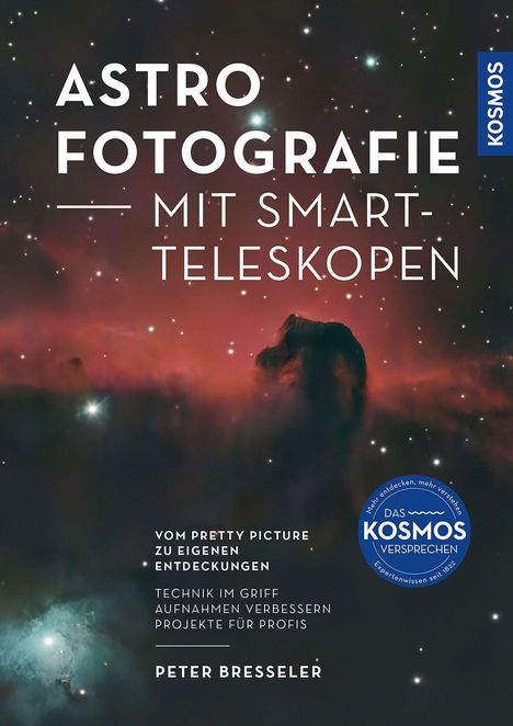Text: "ASTRO FOTOGRAFIE MIT SMART-TELESKOPEN". Hintergrund: Nebelseule im Weltraum mit Sternen.