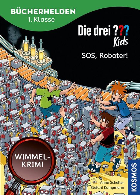 "BÜCHERHELDEN 1. Klasse", "Die drei ??? Kids", "SOS, Roboter!", "WIMMEL-KRIMI". Kinder auf Robo-Fließband.