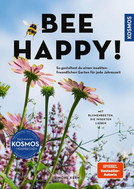 "BEE HAPPY!" mit Blumen und einer fliegenden Biene vor blauem Himmel; Titel der Autorin: Simone Kern.