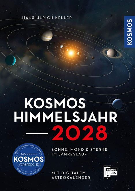 Titel: "Kosmos Himmelsjahr 2028". Thema: Sonnensystem, Planetenbahnen um eine strahlende Sonne.