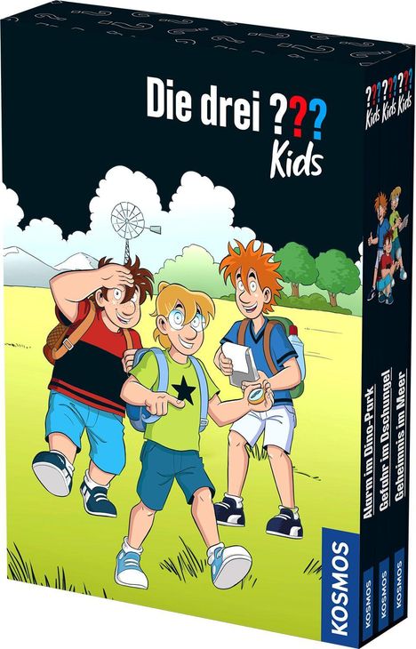 „Die drei ??? Kids“. Darunter drei fröhliche Jungen im Comic-Stil mit Rucksäcken, in einer Landschaft mit Wolken und Bäumen.