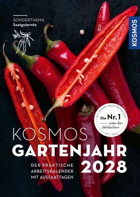„Sonderthema Saatguternte“, „Kosmos Gartenjahr 2028“. Rote Paprikaschoten auf dunklem Hintergrund.