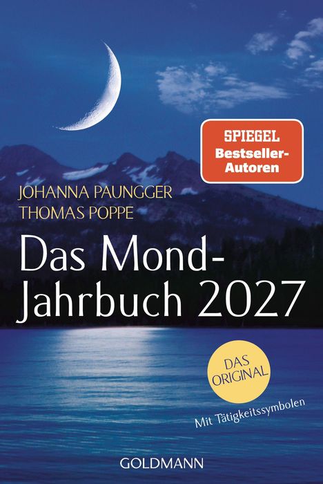 „Das Mond-Jahrbuch 2027“ von Johanna Paungger, Thomas Poppe. Nachtlandschaft mit Mondsichel über Bergen und Wasser.
