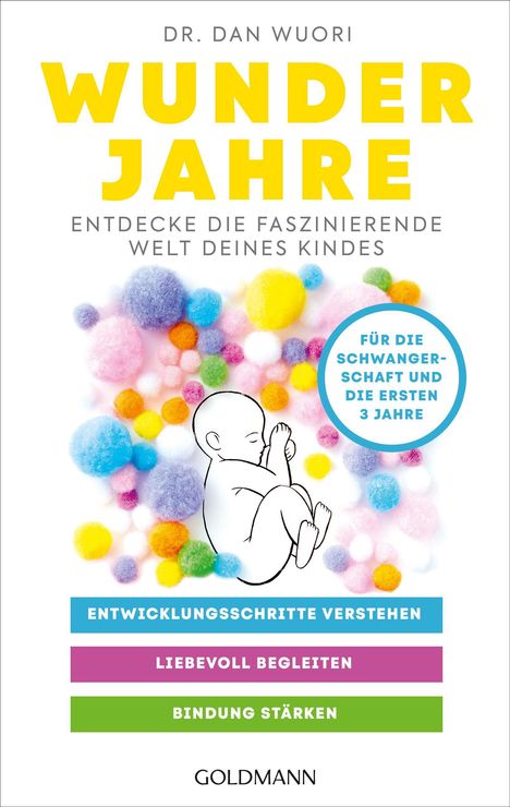 „Wunderjahre: Entdecke die faszinierende Welt deines Kindes“. Illustration zeigt ein Baby inmitten bunter Bommeln.