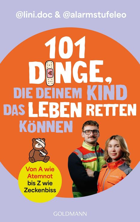 "101 Dinge, die deinem Kind das Leben retten können. Von A wie Atemnot bis Z wie Zeckenbiss." Zwei Personen in Uniform.