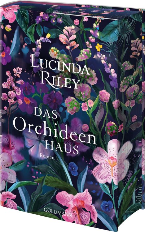 "Lucinda Riley, Das Orchideenhaus, Roman, Goldmann"; florales Design mit vielen bunten Blumen.