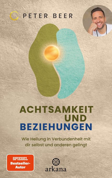 Titel: "Achtsamkeit und Beziehungen" von Peter Beer. Ein rundes Foto einer Person und farbige abstrakte Formen.