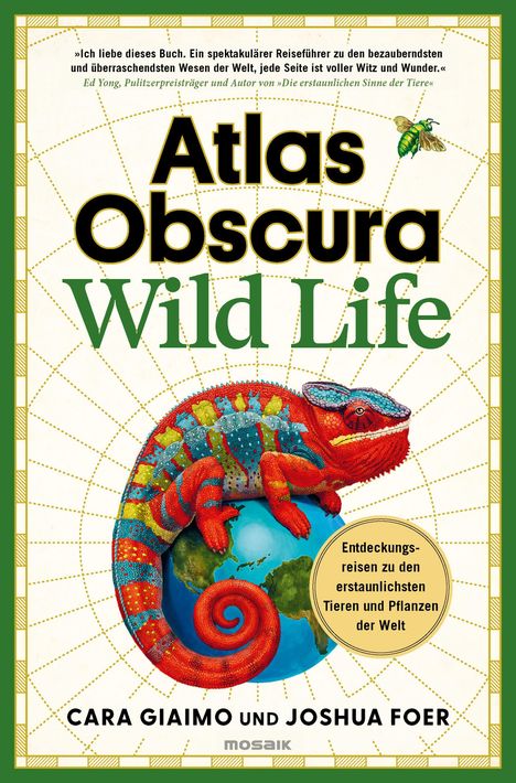 Text: "Atlas Obscura Wild Life." Ein farbiges Chamäleon auf einer Weltkugel mit einem Netz im Hintergrund.
