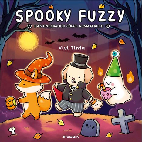 "Spooky Fuzzy: Das unheimlich süße Ausmalbuch." Ein Fuchs, Hund und Geist, verkleidet zu Halloween, spazieren im Wald.