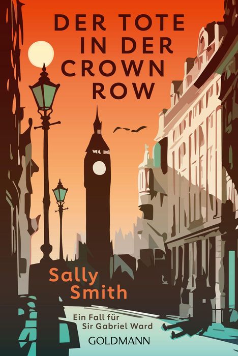 "Der Tote in der Crown Row" steht oben, gefolgt von "Sally Smith". Eine Straßenszene mit Laternen und einem Turm ist abgebildet.