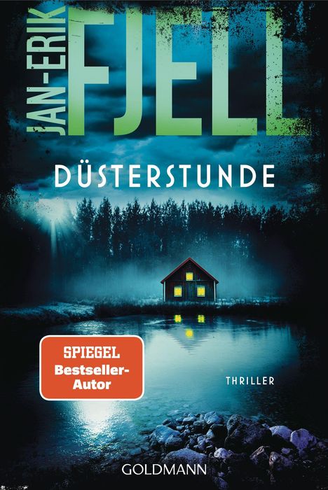 "DÜSTERSTUNDE" steht über einer Szenerie mit einem erleuchteten Haus inmitten dunkler, nebliger Wälder und einem Spiegel Bestseller-Hinweis.