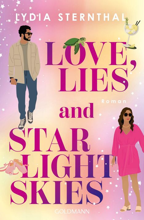 „LOVE, LIES and STAR LIGHT SKIES“ von Lydia Sternthal. Eine Frau und ein Mann in modischer Kleidung vor einem bunten Hintergrund.