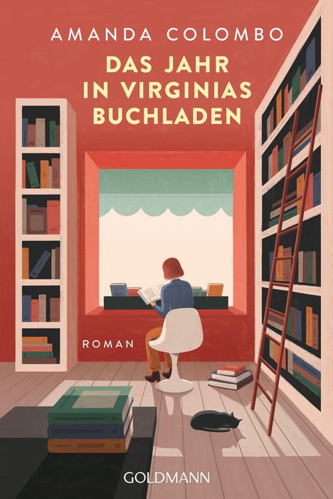 Titel: "Das Jahr in Virginias Buchladen". Frau liest am Fenster. Regale voller Bücher. Eine Katze liegt am Boden.
