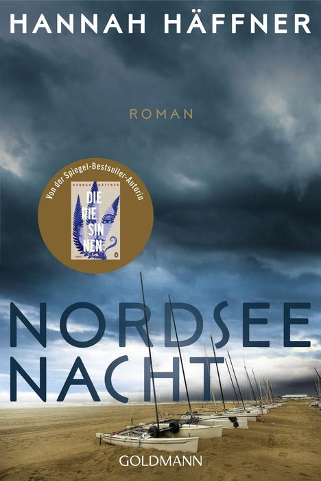Blauer Himmel, brauner Strand mit Segelbooten. Text: "HANNAH HÄFFNER", "ROMAN", "NORDSEE NACHT", "GOLDMANN". Sticker über anderem Buch.