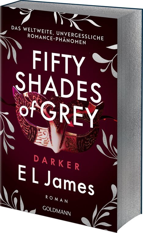 „Das weltweite, unvergessliche Romance-Phänomen - Fifty Shades of Grey Darker“ von E. L. James. Maske auf rotem Hintergrund.