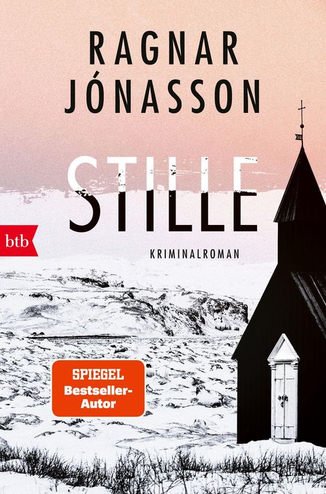 "Ragnar Jónasson, STILLE, Kriminalroman, SPIEGEL Bestseller-Autor" – Kirche vor schneebedeckter Landschaft.
