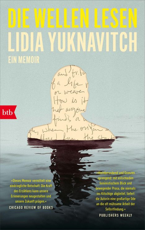 "Die Wellen lesen" von Lidia Yuknavitch: Ein Memoir. Silhouette mit handschriftlichem Text, im Wasser reflektiert.