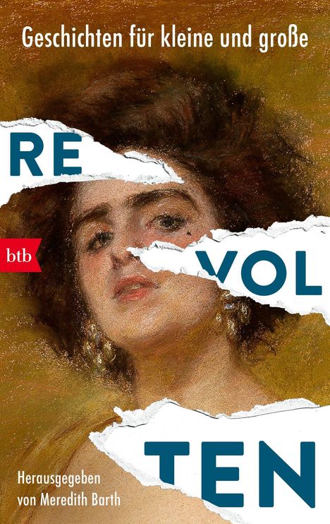 „Geschichten für kleine und große Revolten.“ Illustration einer Frau, zerrissene Stücke bedecken Teile ihres Gesichts.