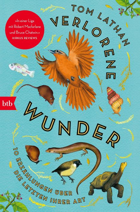 Auf türkisfarbenem Hintergrund ein Vogel, eine Schnecke, Fische, ein Nagetier und mehr mit Blättern und einem roten btb-Logo.