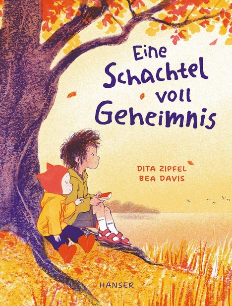 Text: „Eine Schachtel voll Geheimnis“, „Dita Zipfel“, „Bea Davis“, „Hanser“. Illustration: Zwei Kinder unter einem Herbstbaum.