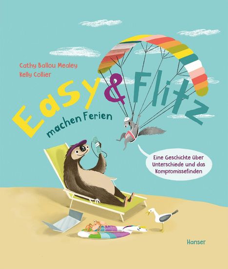Titel: "Easy & Flitz machen Ferien". Ein Faultier auf einer Liege am Strand, ein Eichhörnchen im Fallschirm, Möwen und ein Sandspielzeug.