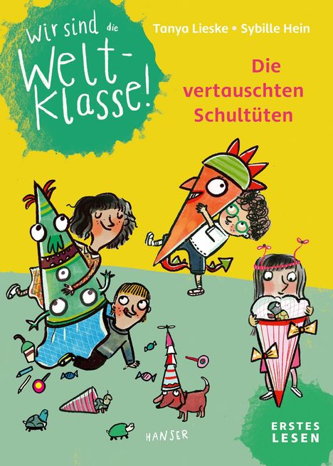"wir sind die Welt-Klasse!", "Die vertauschten Schultüten", "ERSTES LESEN". Illustrationen von fröhlichen Kindern mit Schultüten.