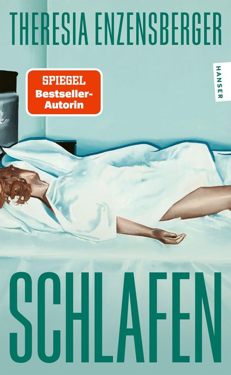 Oben: Theresia Enzensberger, unten: Schlafen. Illustration einer Person im Bett.
