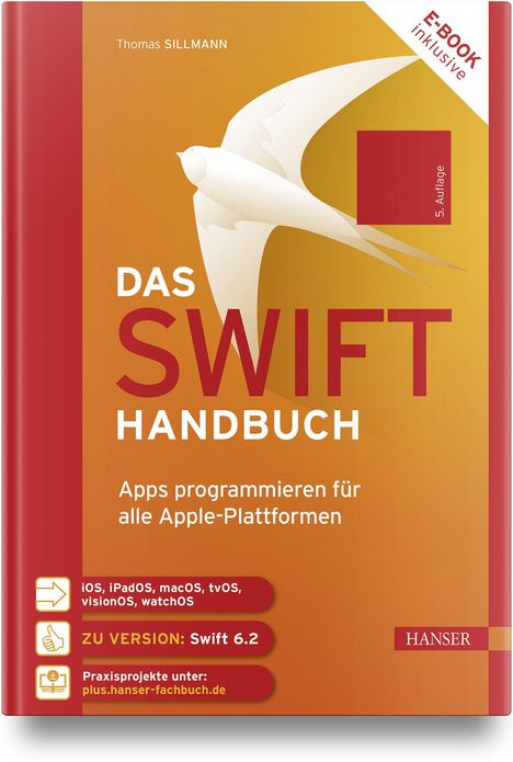 Text: "Das Swift-Handbuch: Apps programmieren für alle Apple-Plattformen." Illustration eines fliegenden Vogels.