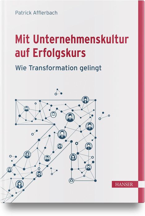 Buchtitel: "Mit Unternehmenskultur auf Erfolgskurs" von Patrick Afflerbach. Unten: Netzwerk aus verbundenen Punkten und Figuren.