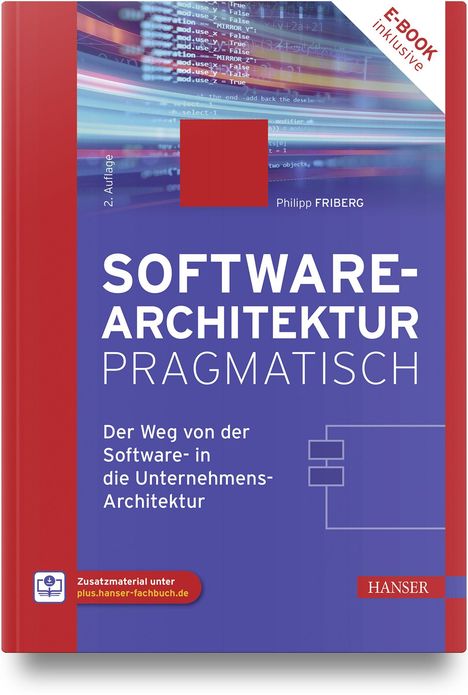 "SOFTWARE-ARCHITEKTUR PRAGMATISCH" steht in großen, weißen Buchstaben. Roter Streifen links und oben.