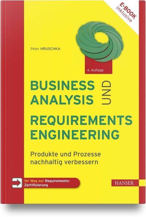 „E-BOOK inklusive“, „BUSINESS ANALYSIS UND REQUIREMENTS ENGINEERING“, gelber Hintergrund, Logo oben rechts.