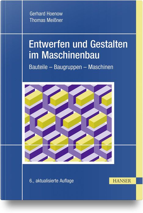"Entwerfen und Gestalten im Maschinenbau" mit buntem, geometrischem Muster und blauer Umrandung.