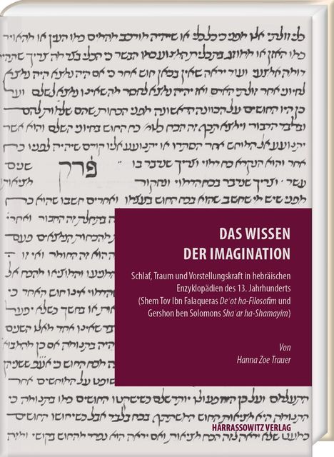 „Das Wissen der Imagination“ mit hebräischem Text im Hintergrund. Von Hanna Zoe Trauer. Harrassowitz Verlag.