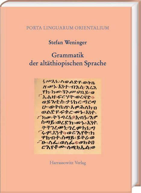 Stefan Weninger: Grammatik der altäthiopischen Sprache. Illustration mit altäthiopischem Text auf beigem Hintergrund.