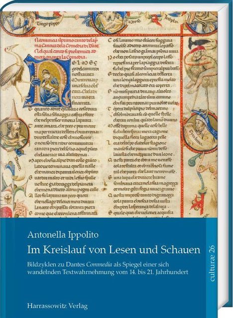 "Antonella Ippolito: Im Kreislauf von Lesen und Schauen. Bildzyklen zu Dantes Commedia. Harrassowitz Verlag." Oben ist eine mittelalterliche Illustration.