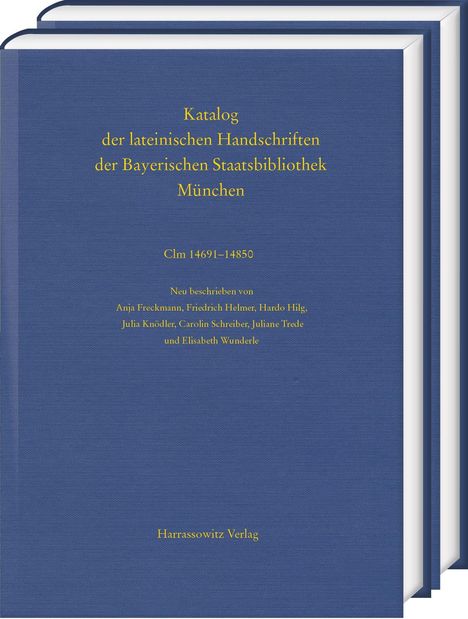 Zwei dicke Bücher mit blauem Einband. Goldene Schrift: "Katalog der lateinischen Handschriften...", Verlag "Harrassowitz".