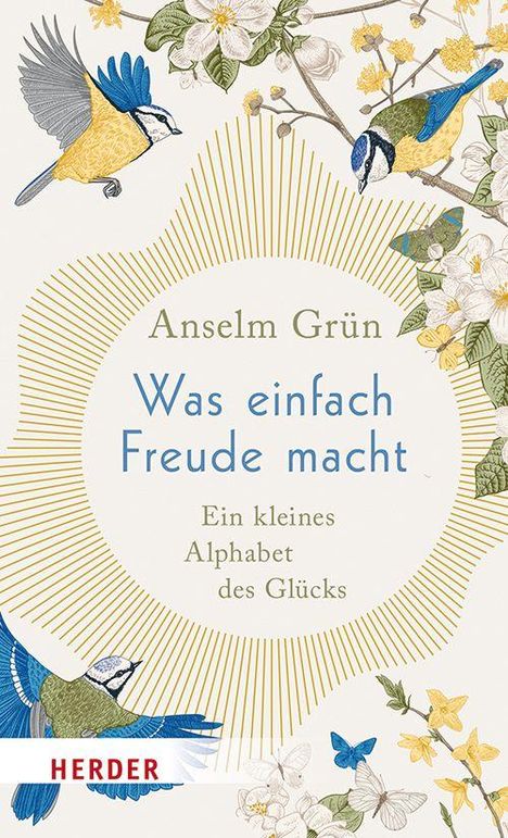 Ein Buchcover mit dem Titel "Was einfach Freude macht: Ein kleines Alphabet des Glücks" von Anselm Grün, Herder Verlag. Illustrationen von Vögeln und Blumen umgeben den Text.