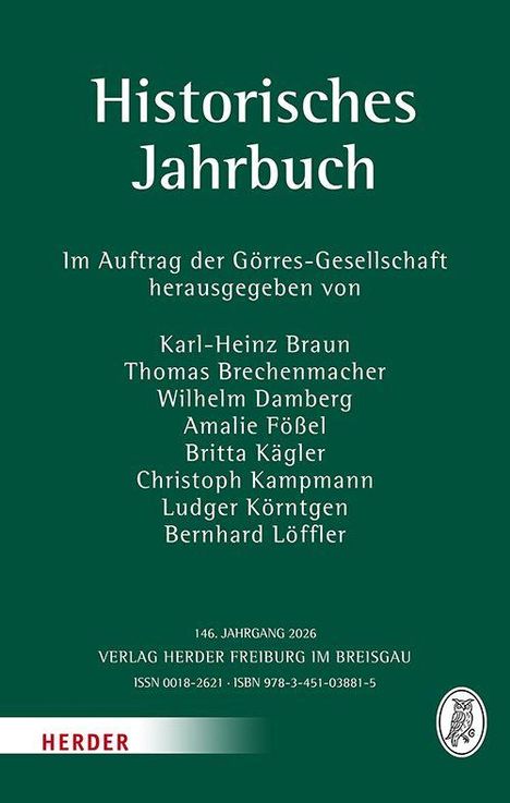 "Historisches Jahrbuch" in weißen Buchstaben auf grünem Hintergrund, mit Herausgebernamen und Verlag Herder unten.