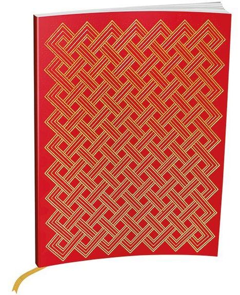 Ein rotes Notizbuch mit einem detaillierten, goldenen geometrischen Muster auf dem Deckel und einem gelben Lesezeichen.