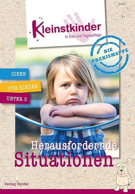 "Kleinstkinder in Kita und Tagespflege", "Ideen für Kinder unter 3", "Herausfordernde Situationen". Kind schaut ernst.