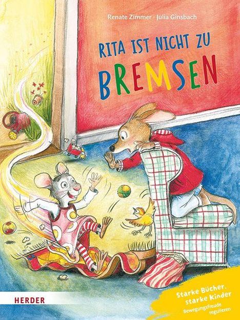 "Rita ist nicht zu bremsen". Illustration eines Kaninchens und einer Maus beim Spielen. Bunte Farben, fröhliche Szene.