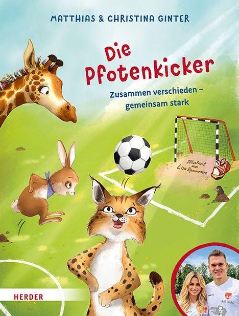 "Die Pfotenkicker. Zusammen verschieden – gemeinsam stark." Illustration mit Tieren und Fußball.