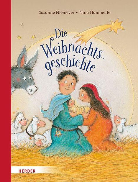 "Die Weihnachtsgeschichte". Illustration einer Familie mit Baby, Schafen und Esel. Weihnachtliches Thema mit Stern.